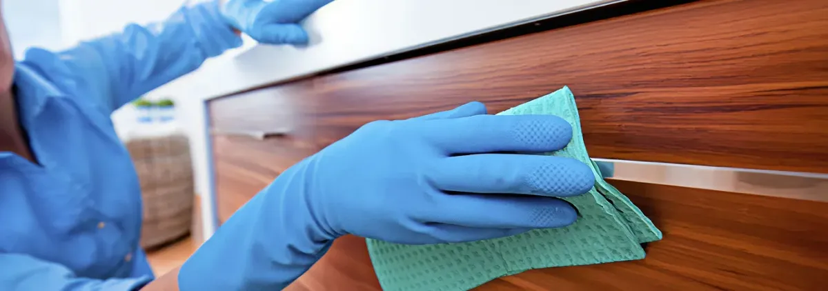 Cleaner wearing blue gloves wiping a wooden cabinet drawer with a microfiber cloth for dust and grime removal, Grand Rapids, MI.