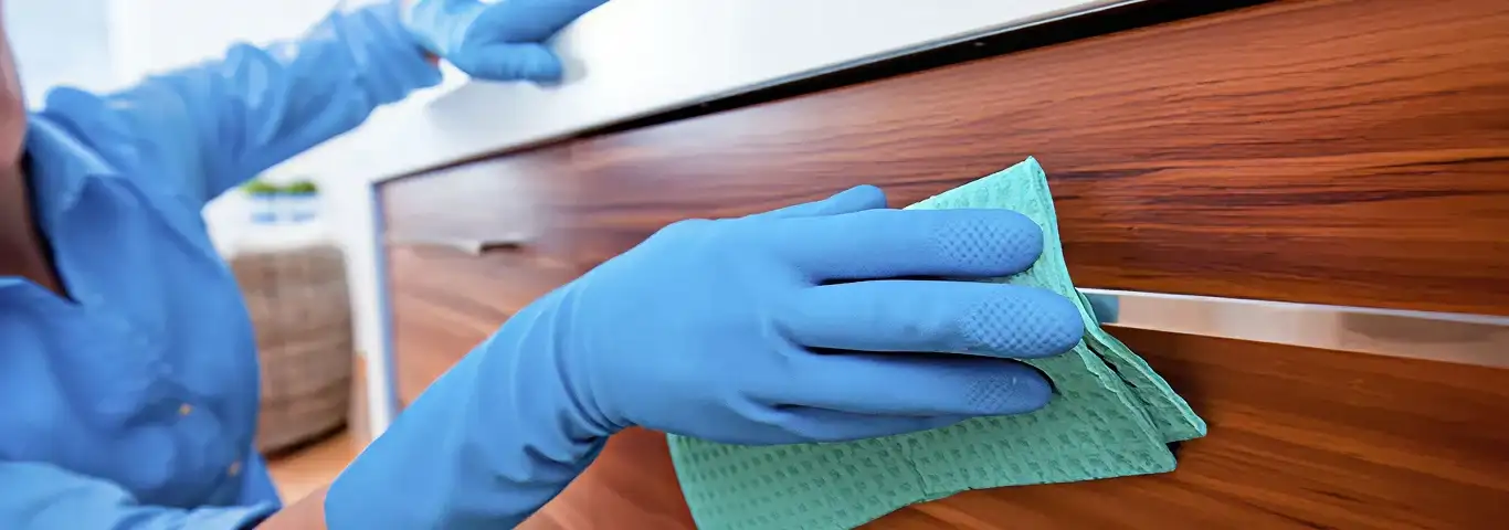 Cleaner wearing blue gloves wiping a wooden cabinet drawer with a microfiber cloth for dust and grime removal, Grand Rapids, MI.