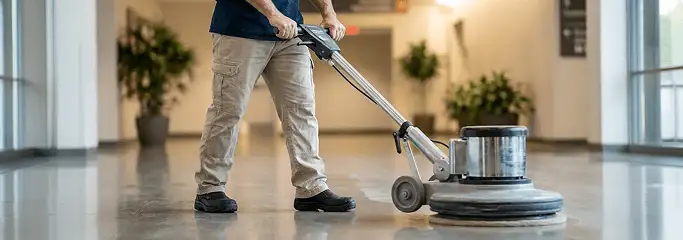 Professional technician using an industrial floor buffer to polish and maintain shiny commercial flooring in a corporate hallway in Grand Rapids, MI.