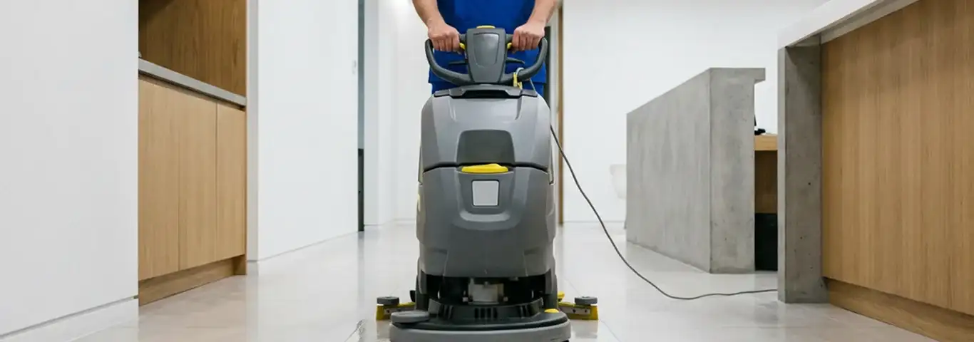 Janitorial staff using a floor scrubber machine to clean a commercial hallway, Grand Rapids, MI.