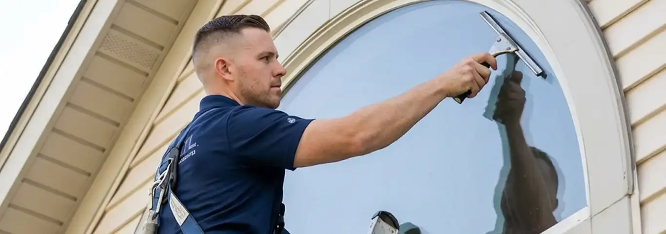 Professional window cleaner using a squeegee to clean an exterior arched window on a home, Grand Rapids, MI.