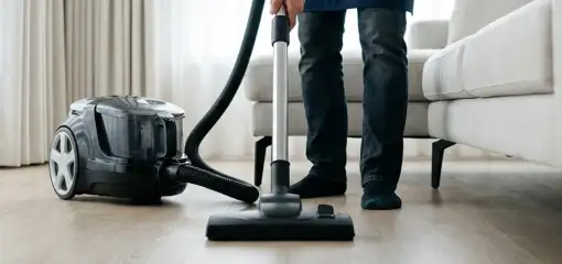 Professional house cleaner vacuuming a living room floor with a canister vacuum cleaner, Grand Rapids, MI.