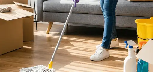 Move-out cleaning setup with a cleaner mopping hardwood floors near moving boxes and cleaning supplies, Grand Rapids, MI.