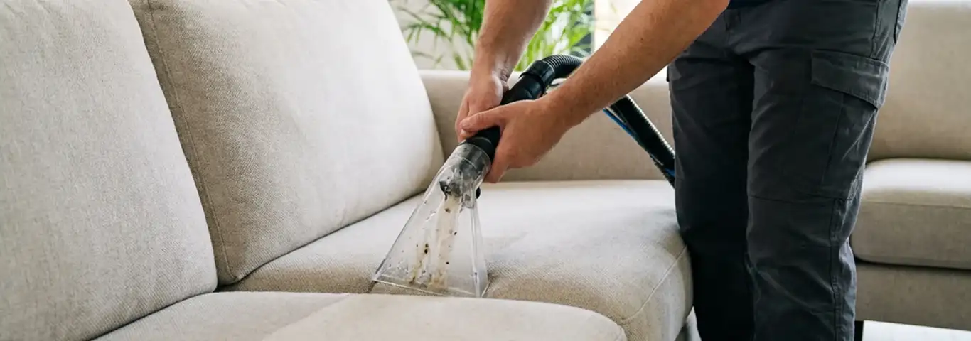 Technician extracting dirt and moisture from a fabric sofa with an upholstery cleaning wand, Grand Rapids, MI.