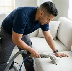 Professional upholstery cleaning technician using an extraction wand to deep-clean a fabric sofa, Grand Rapids, MI.