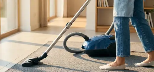 Person vacuuming a living room rug with a canister vacuum cleaner near large windows, Grand Rapids, MI.